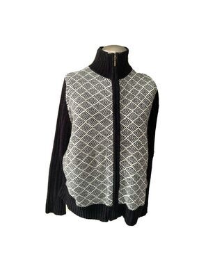 Karen Scott Women’s Black White Full Zip Cardigan Sweater Medium